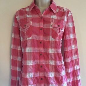 Express small plaid pink button down shirt